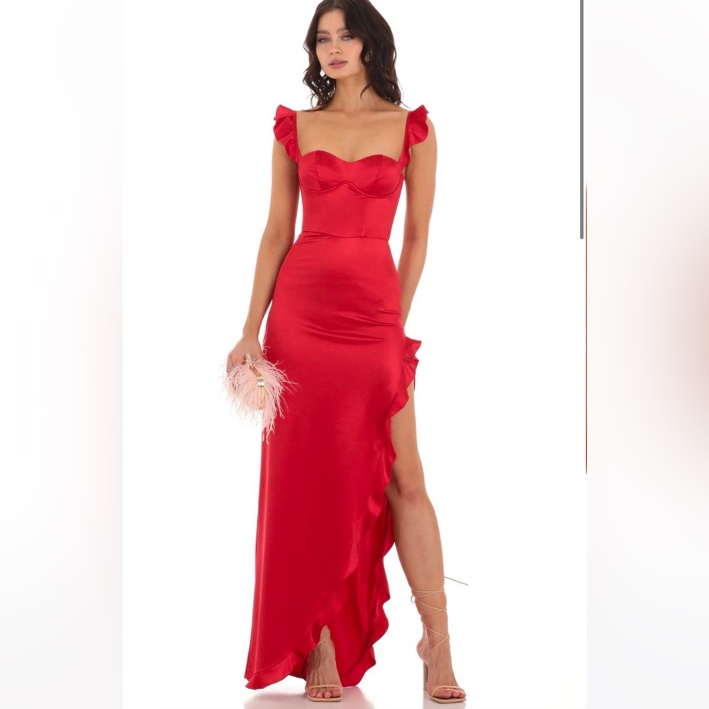 Elegant Red Evening Dress - Satin Ruffle Maxi Dress in Red